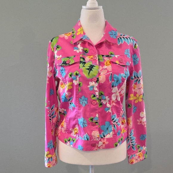 Mirette Pink Jacket With Blue , Green And Yellow Floral Pattern Size Large - Picture 1 of 11
